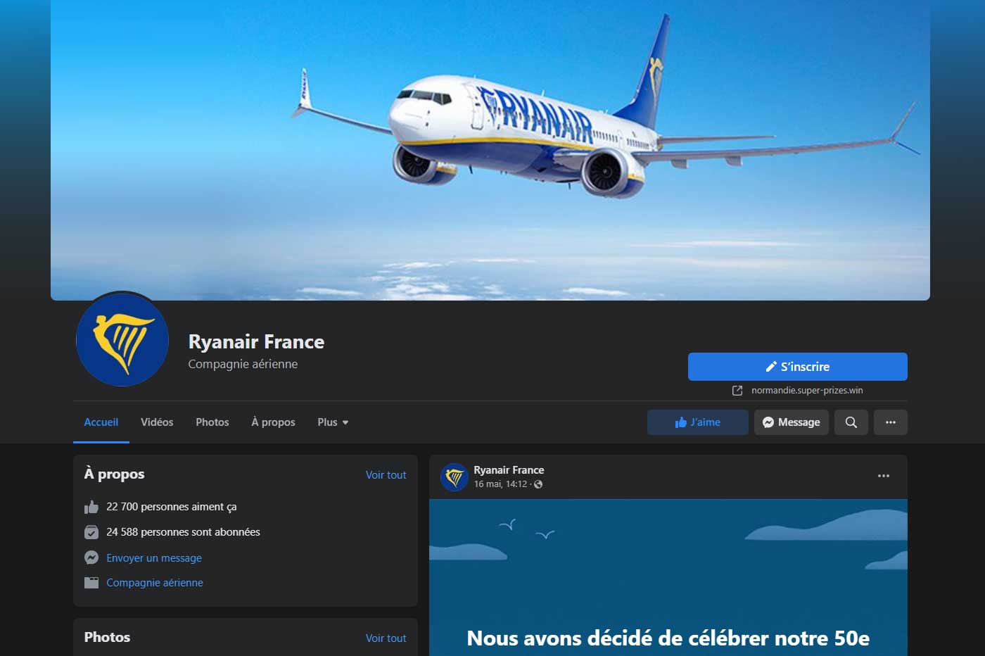 Ryanair fausse Page Facebook