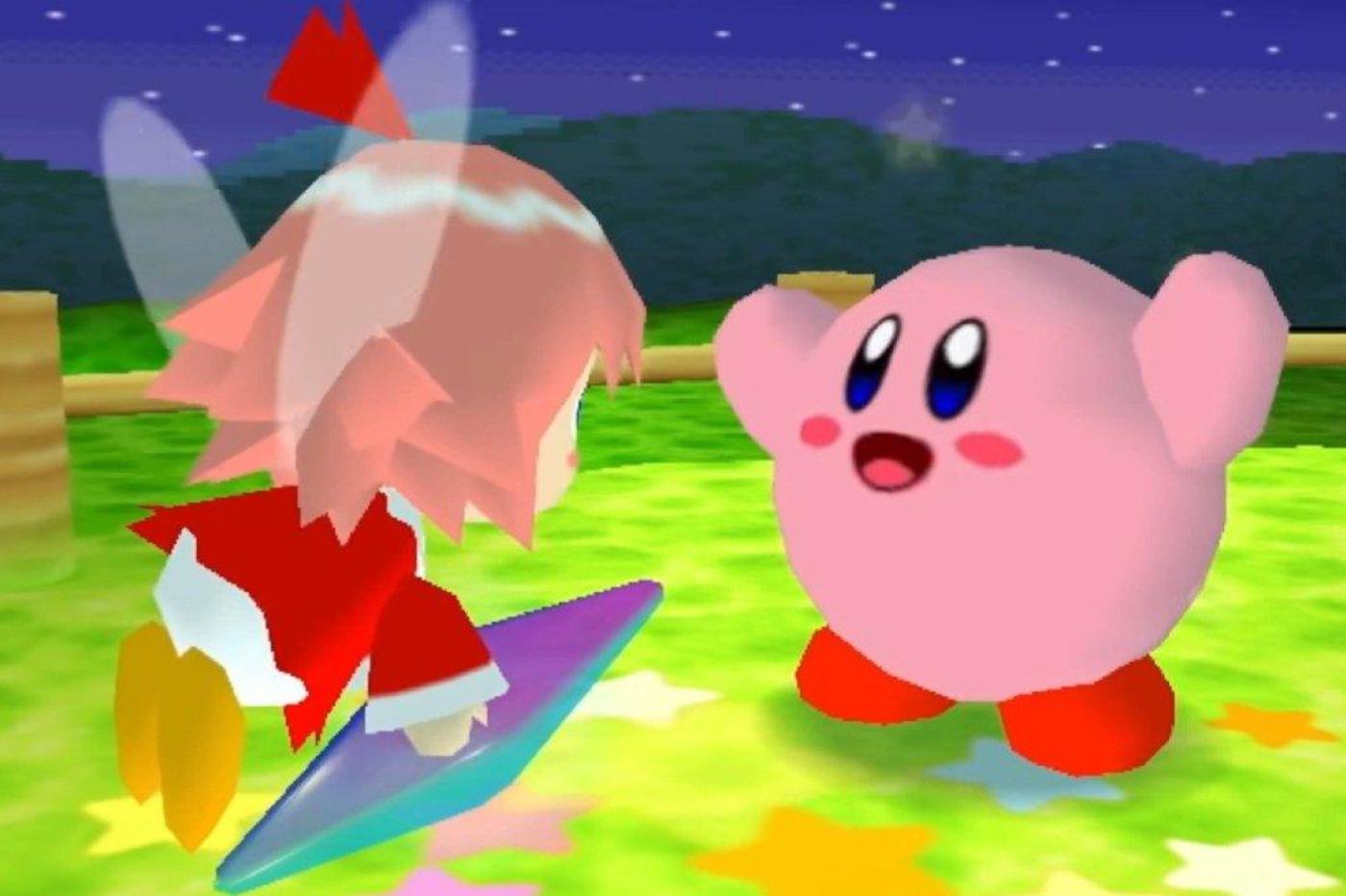Capture d'écran de Kirby 64 avec Kirby qui sourit et une fée.