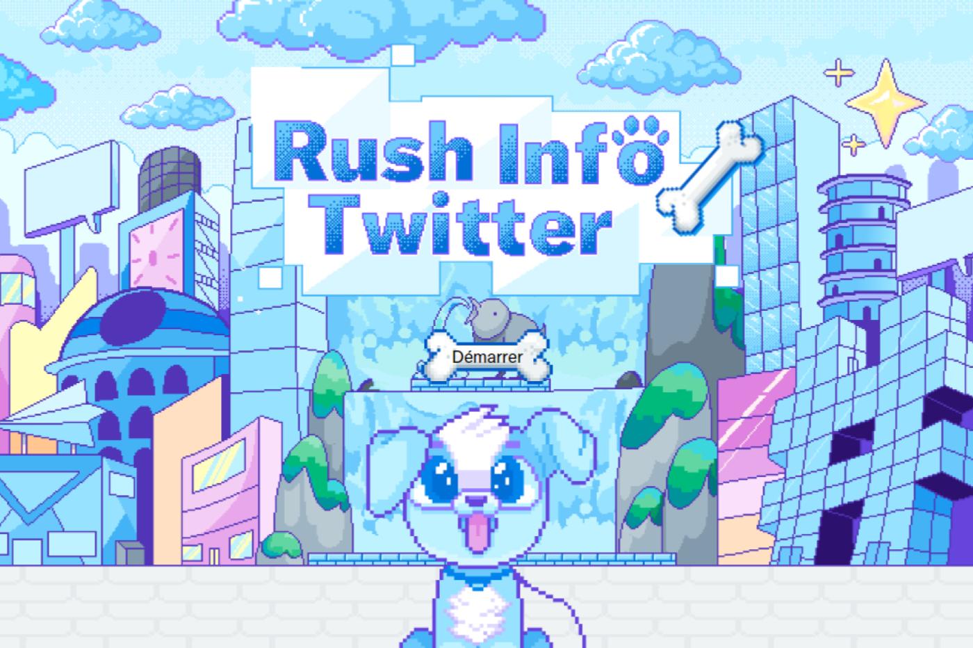 Menu principal du jeu Rush Info Twitter avec un petit chien en premier plan et une ville twitter en arrière plan