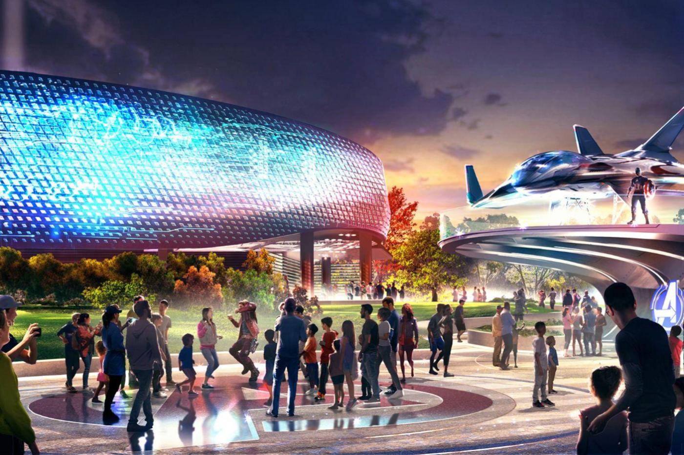 Concept art of the future avengers campus at disneyland paris showing the iron man attraction and the Quinjet platform