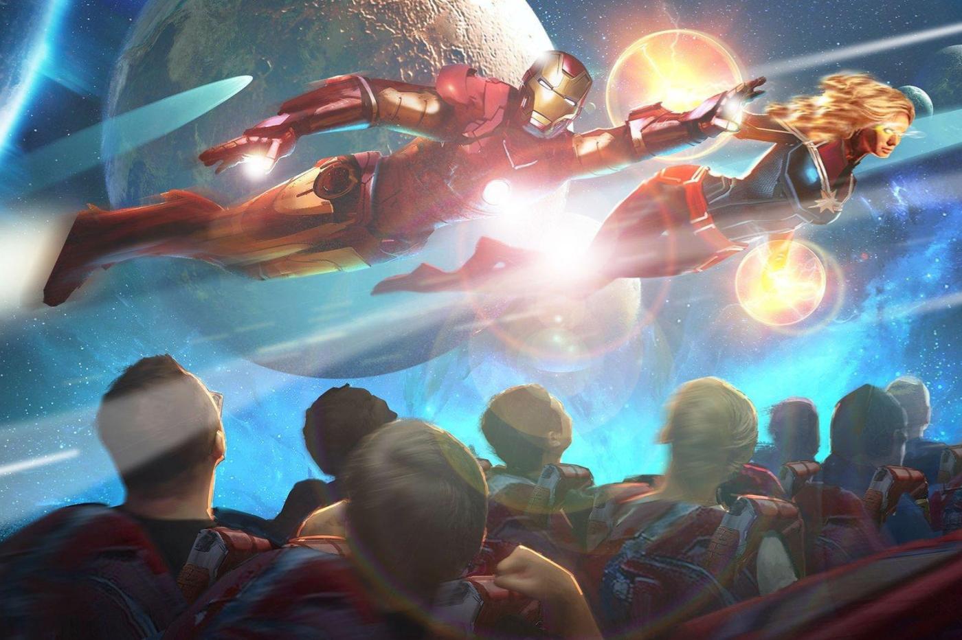 Concept art of future Iron Man attraction showing passengers in a train car next to Iron Man and Captain Marvel