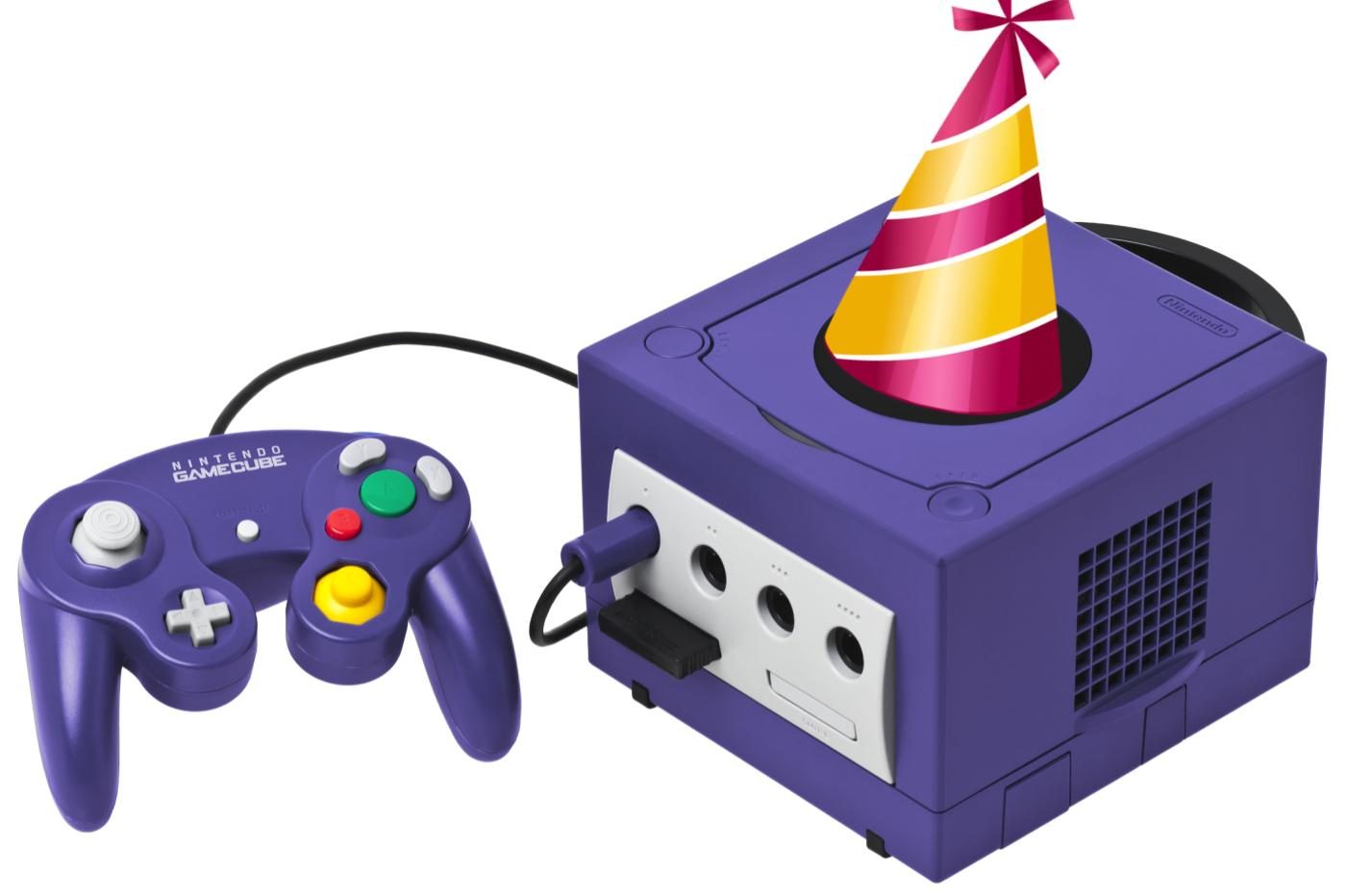 Gamecube violette portant un chapeau d'anniversaire