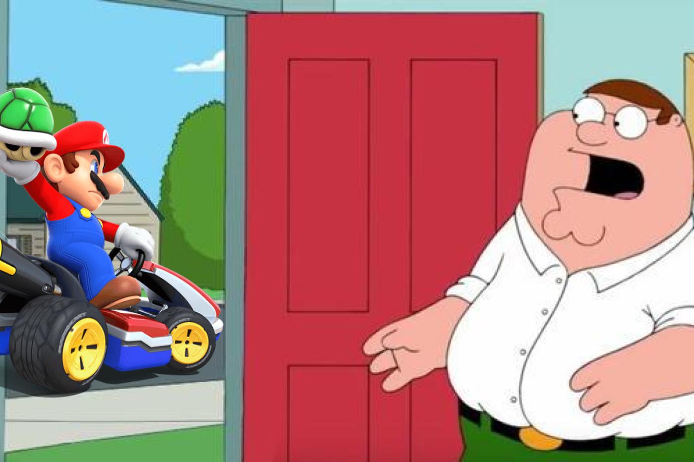 Peter Griffin de Family Guy devant sa porte, choqué de voir Mario conduire dans sa rue