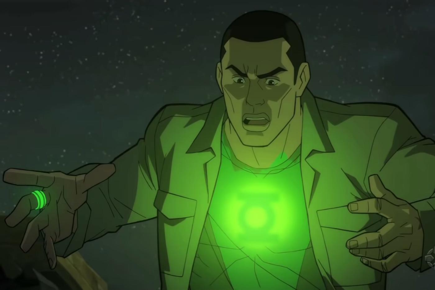 Capture d'écran de la bande annonce du film Green Lantern Beware My Power montrant le personnage principal John Stewart recevant son pouvoir de Green Lantern
