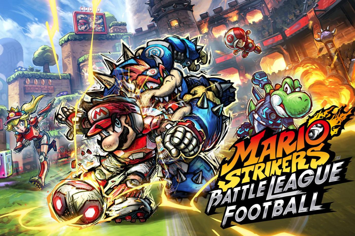 Image promotionnelle de Mario Strikers Battle League Football pour Switch reprenant l'image de la jaquette avec mario et bowser s'affrontant avec yoshi et peach en arrière plan
