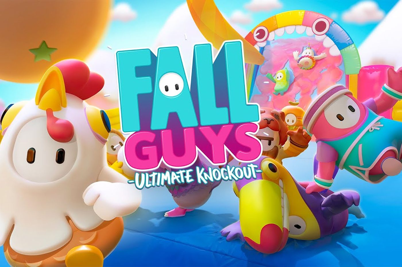 Logo de Fall Guys avec quelques personnages du jeu en fond