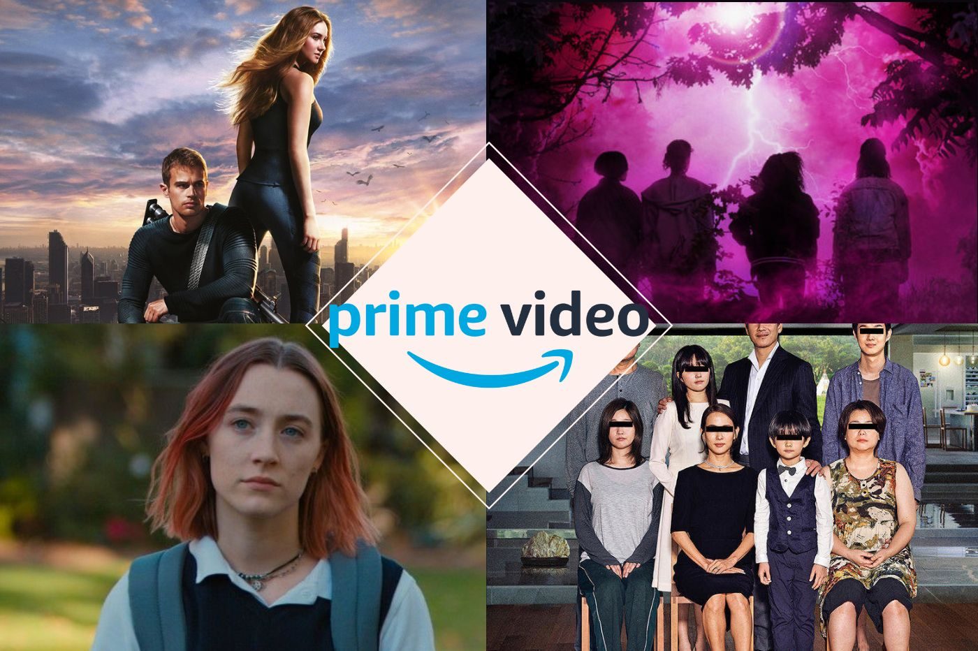 Logo Amazon Prime Video au milieu puis des images de Divergente, Lady Bird, Paper Girls et Parasite