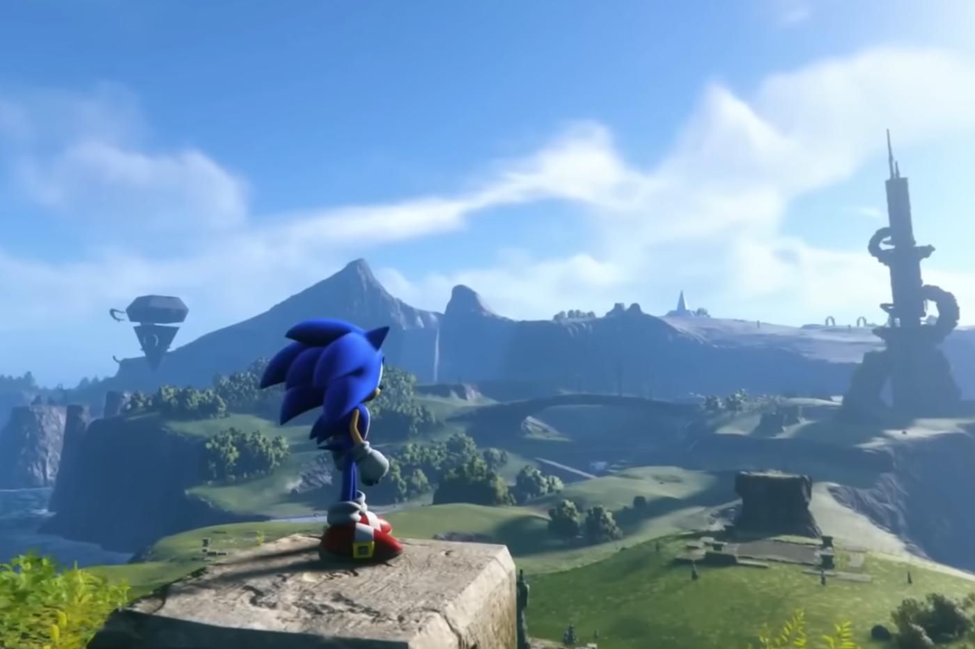 Image du premier trailer de Sonic Frontiers avec Sonic devant une plaine verdoyante