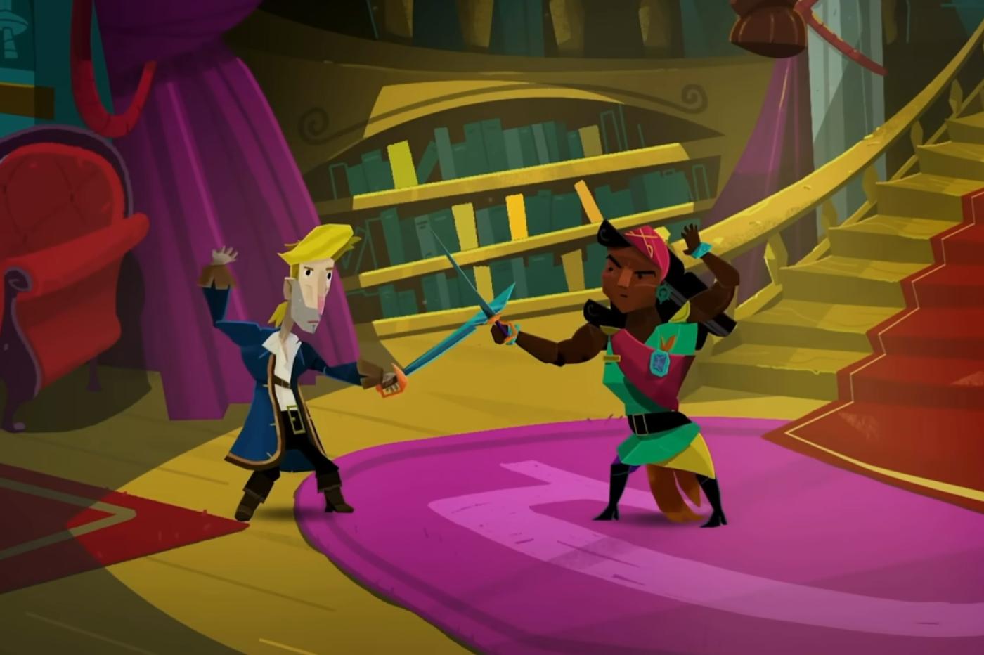 Capture d'écran de la première bande annonce de gameplay de Return to Monkey Island avec Guybrush affrontant une femme à coup de sabre