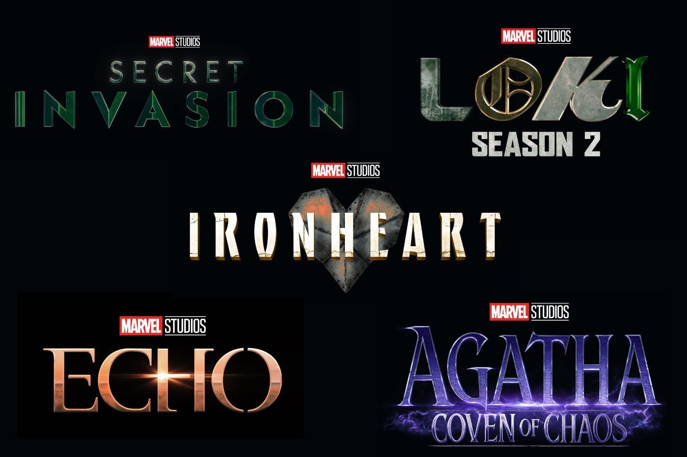 Logo de Secret Invasion, Loki saison 2, Iron Heart, Echo et Agatha : Coven of Chaos