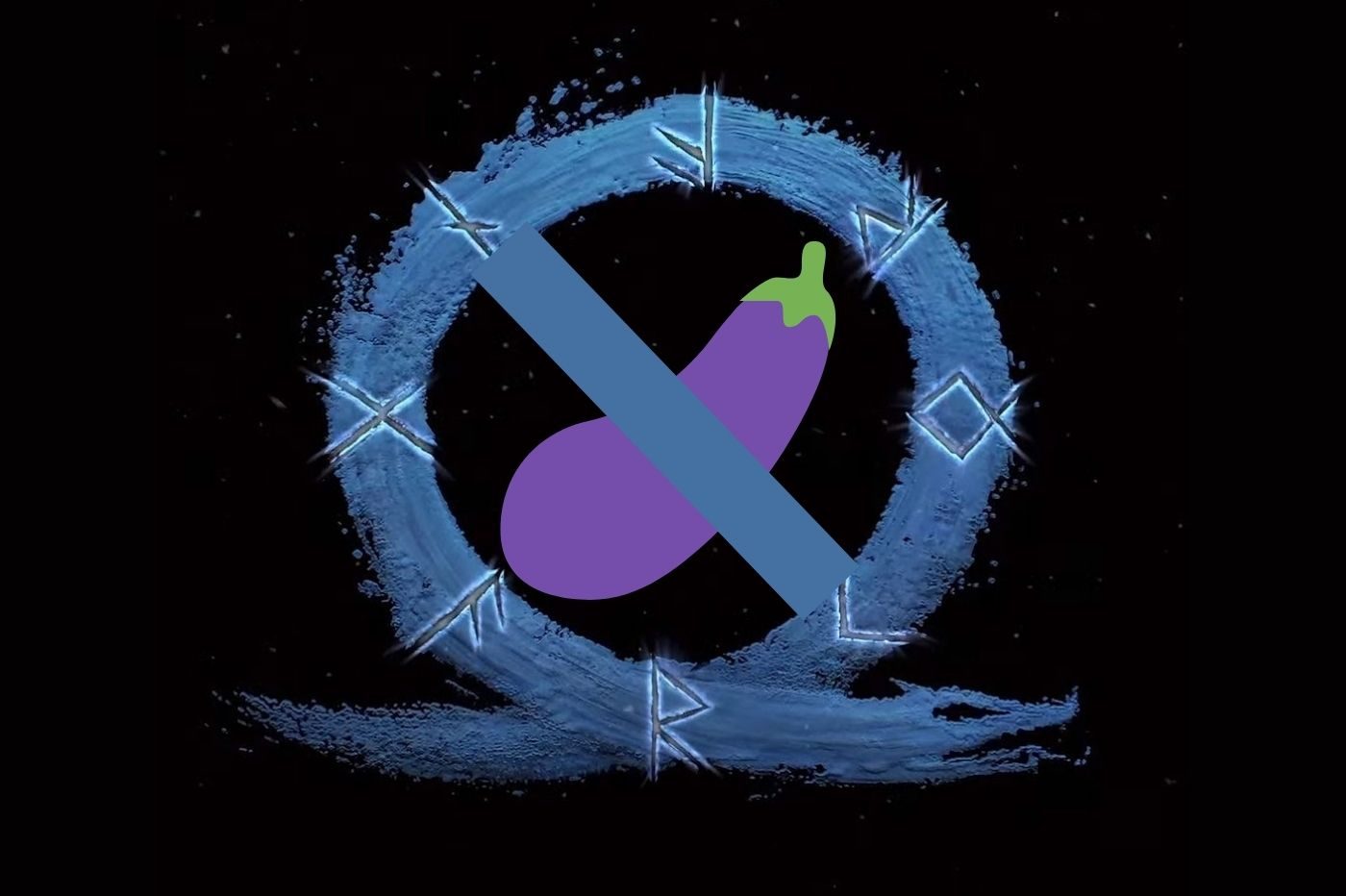 Logo de God of War Ragnarok prenant la forme d'un panneau interdit avec un emoji aubergine