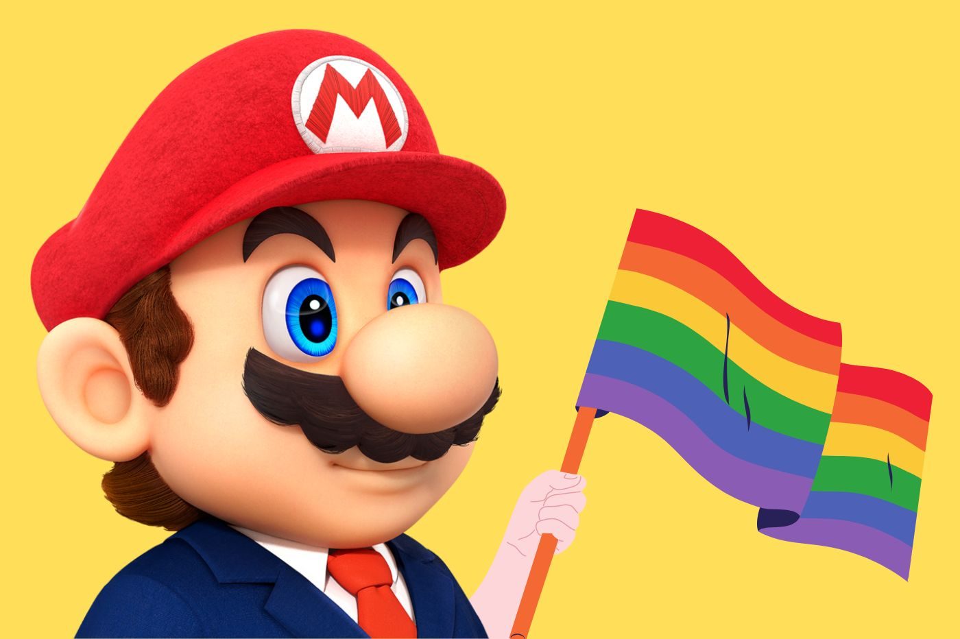Mario en costard tenant un drapeau LGBT