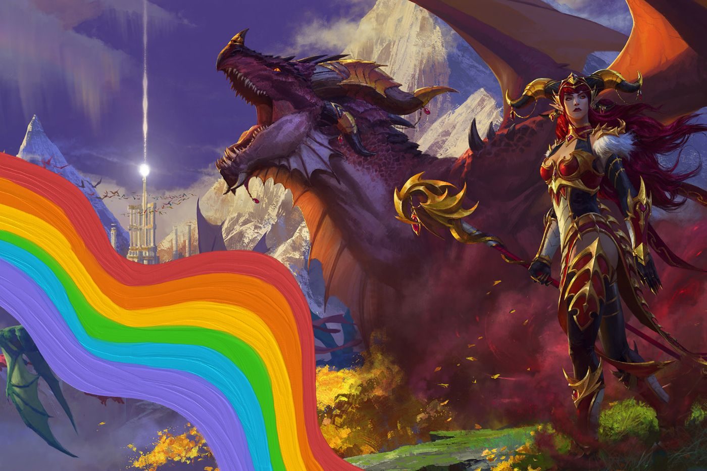 Image promotionnelle de World of Warcraft Dragonflight avec un arc en ciel dans le coin inférieur gauche