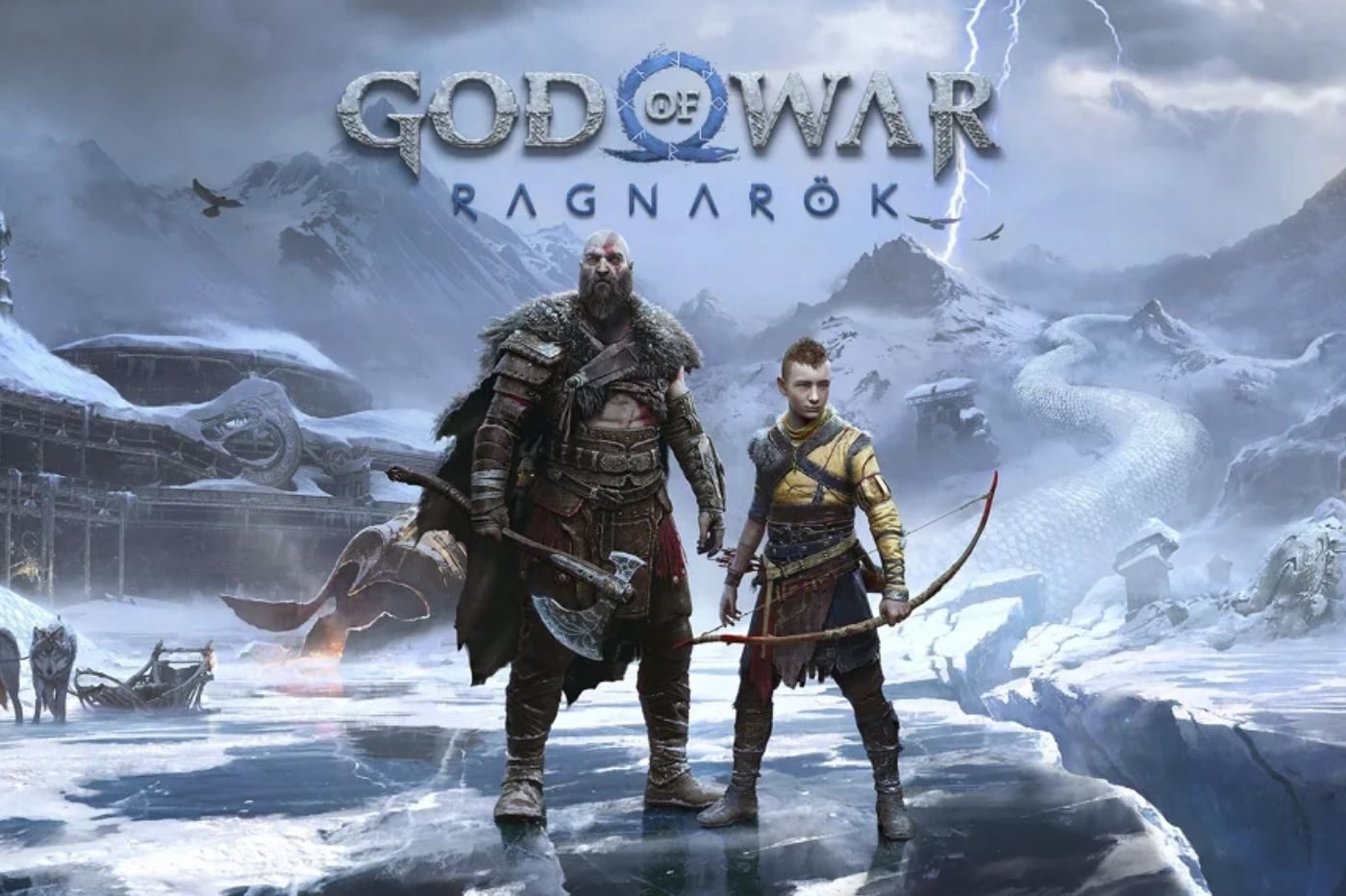 Image promotionnelle de God of War Ragnarök avec Kratos, Atreus et le logo du jeu.