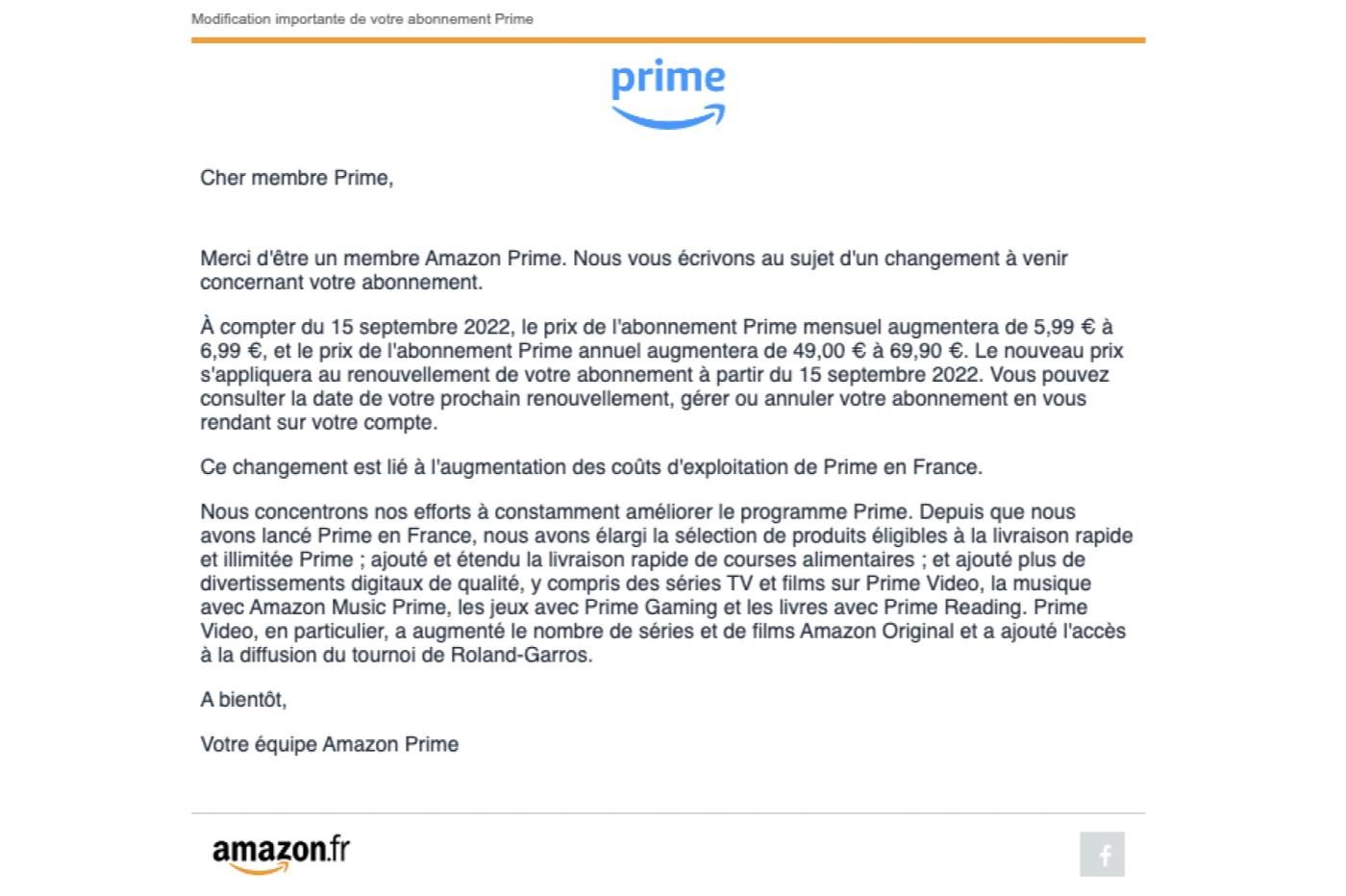 Augmentation de l'abonnement Amazon Prime