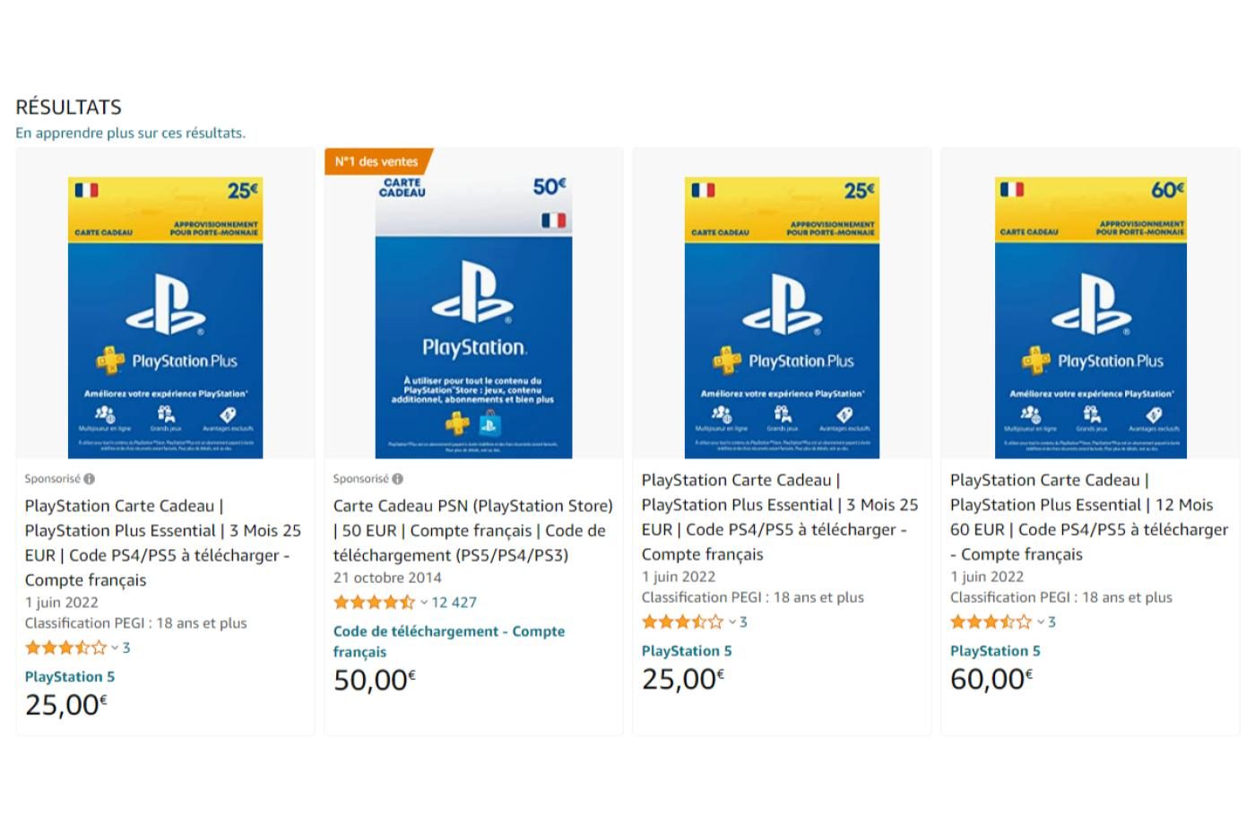 Capture d'écran d'Amazon montrant les nouvelles cartes prépayées PlayStation Plus en comparaison aux anciennes