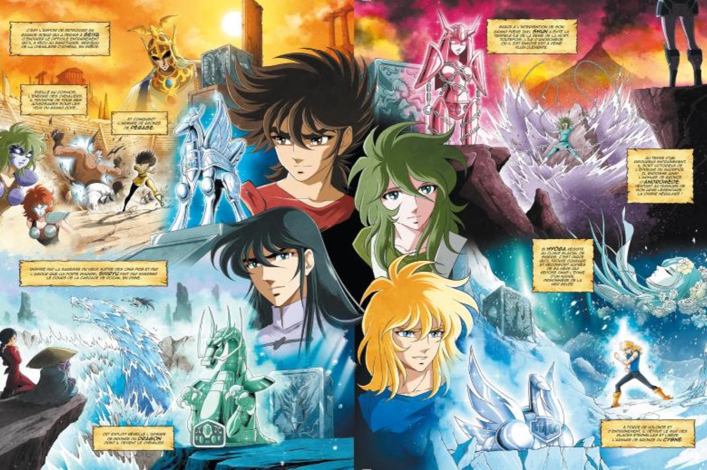 Planche d'introduction de la BD Saint Seiya avec les 4 chevaliers de bronze