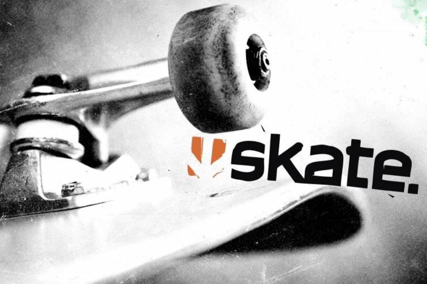 Logo de la franchise Skate avec un skateboard derrière