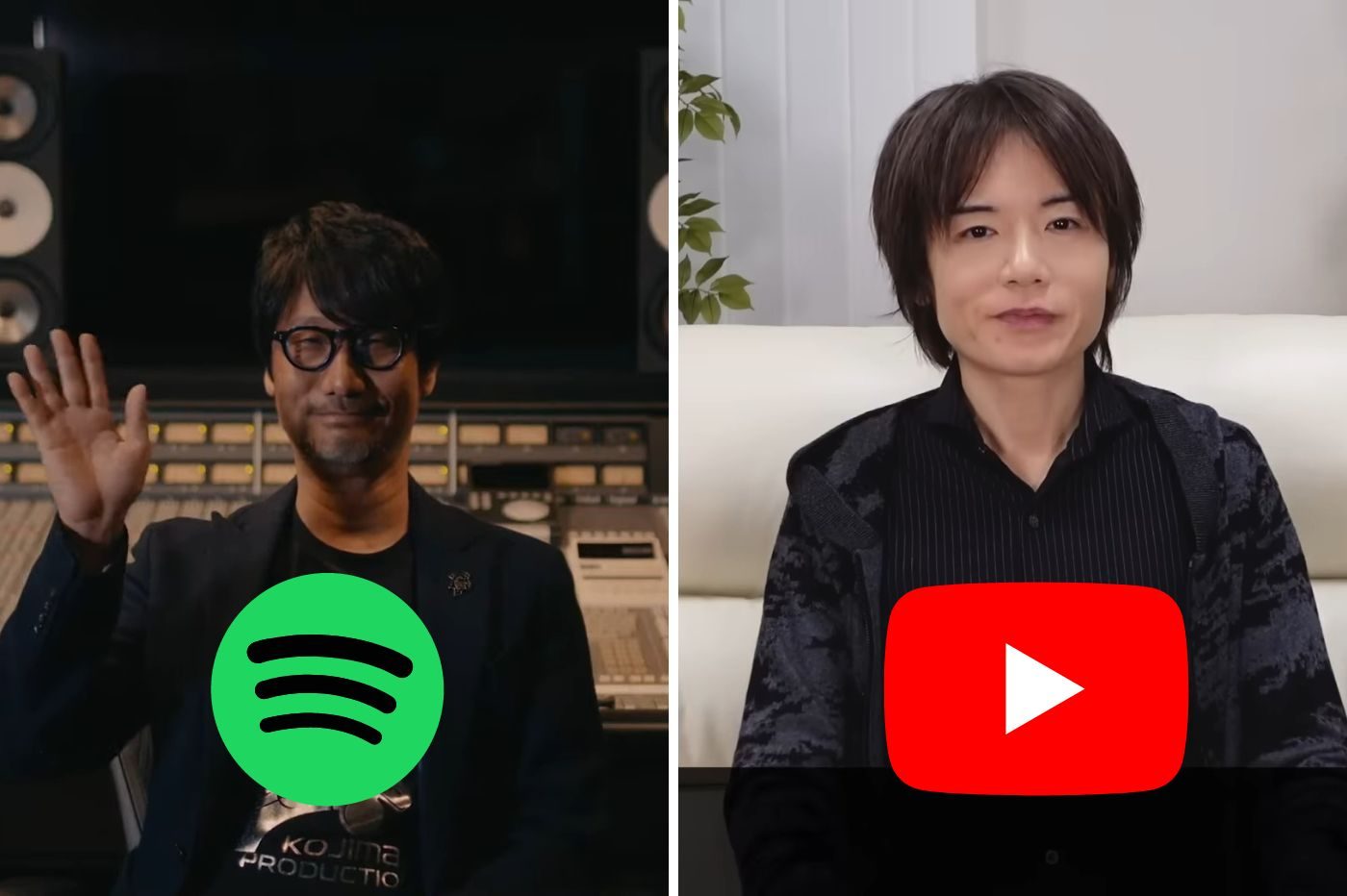 Hideo Kojima et le logo Spotify / Masahiro Sakurai et le logo YouTube