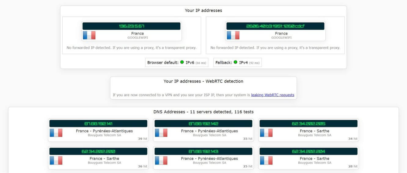 Test d'adresse IP avec le VPN Google One activé