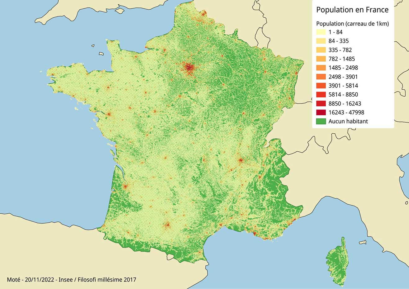 Carte de la densité de population de la France