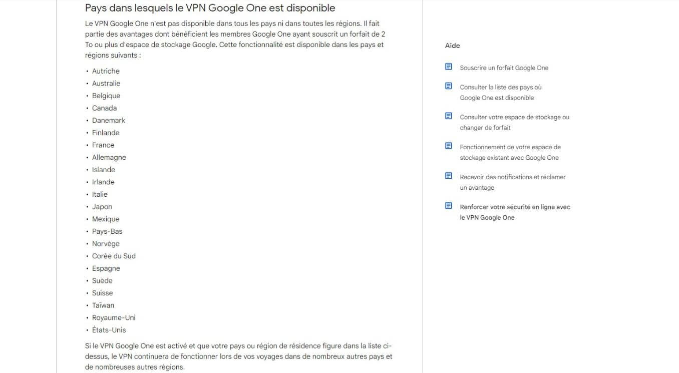 Liste des pays où le VPN Google One est disponible
