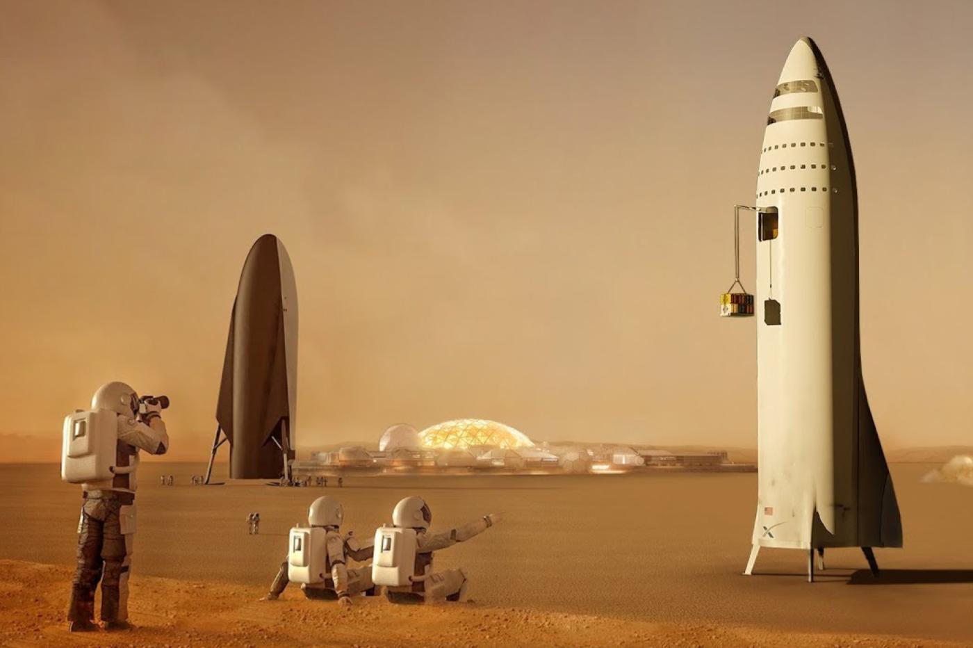 une vue d'artiste d'un Starship sur Mars