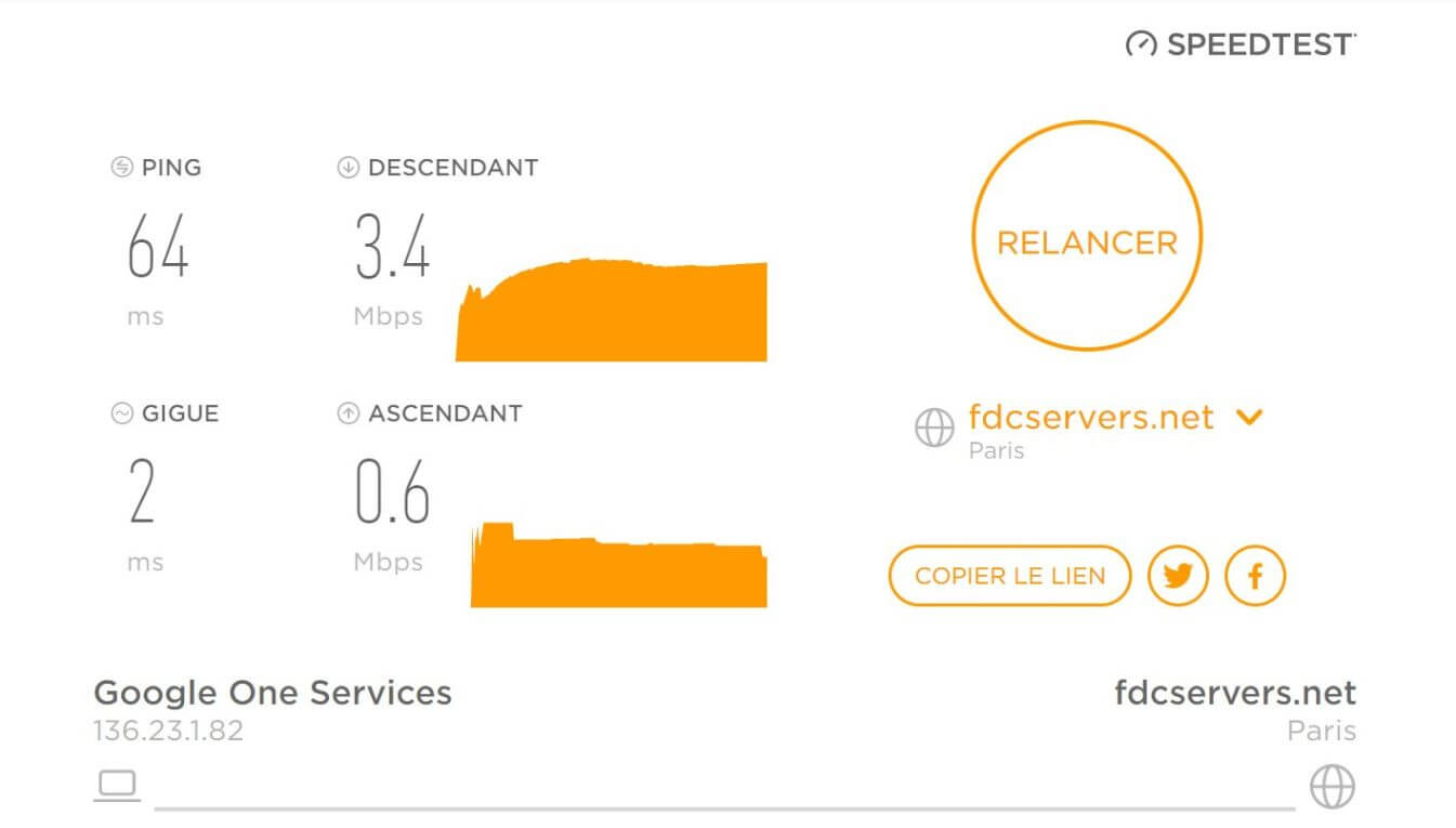 Test de vitesse de connexion avec le VPN Google One activé