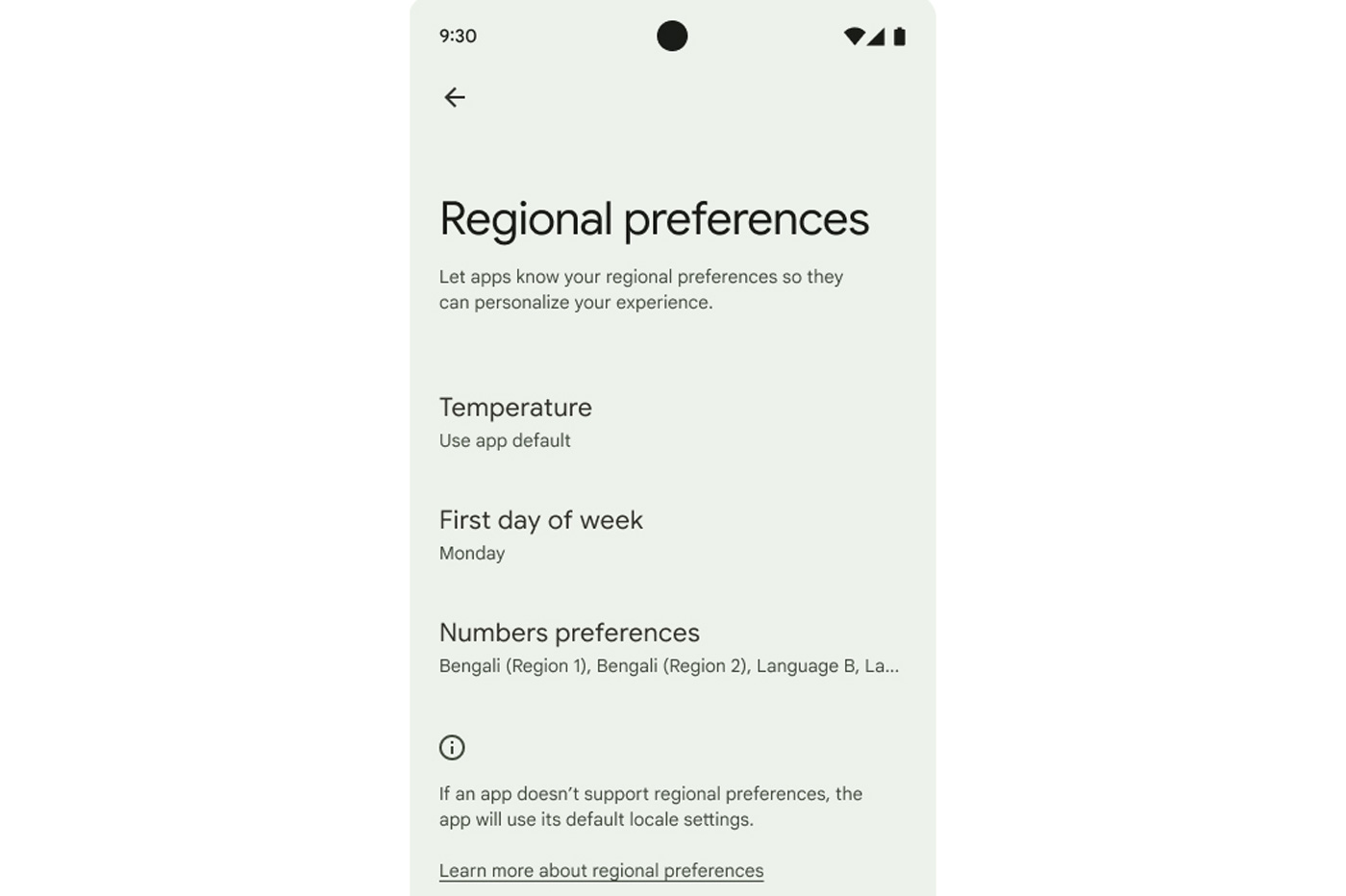 Android 14 préférences régionales