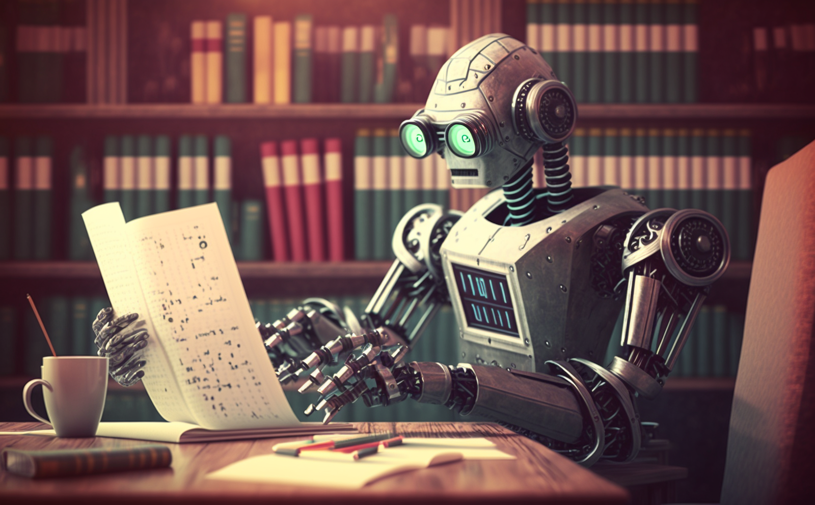 Un robot en train de lire généré grâce à Midjourney AI