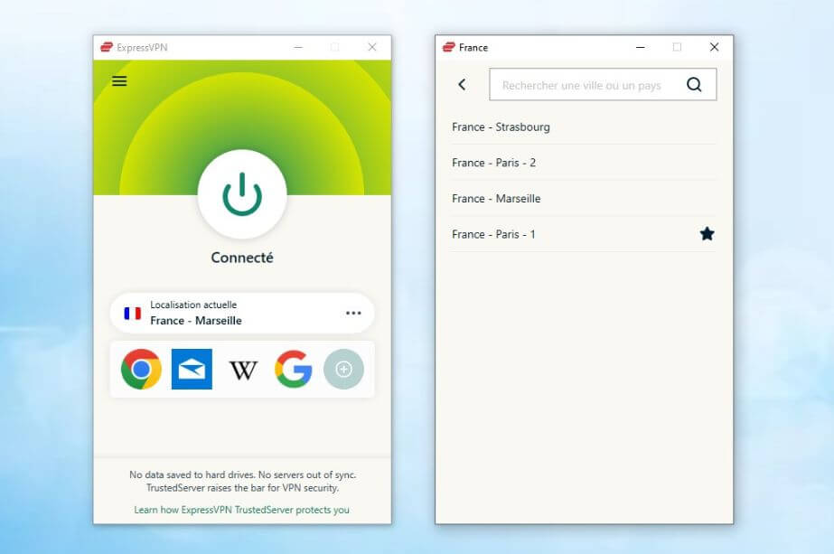 Application ExpressVPN connectée en France