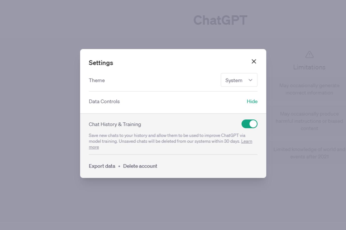 ChatGPT paramètres de confidentialités