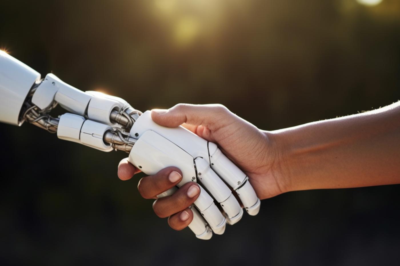 Une poignée de main entre un humain et un robot qui représente la collaboration humain machine