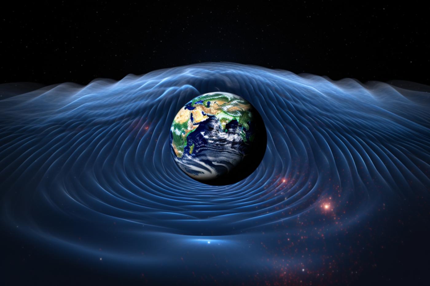 une représentation d'ondes gravitationnelles par MidjourneyAI