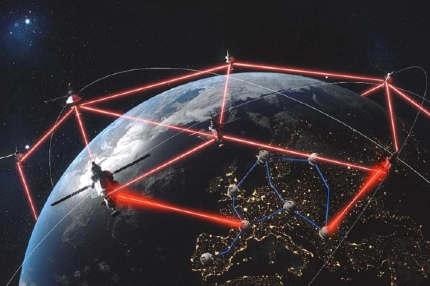 une vue d'artiste des commucations laser entre satellites