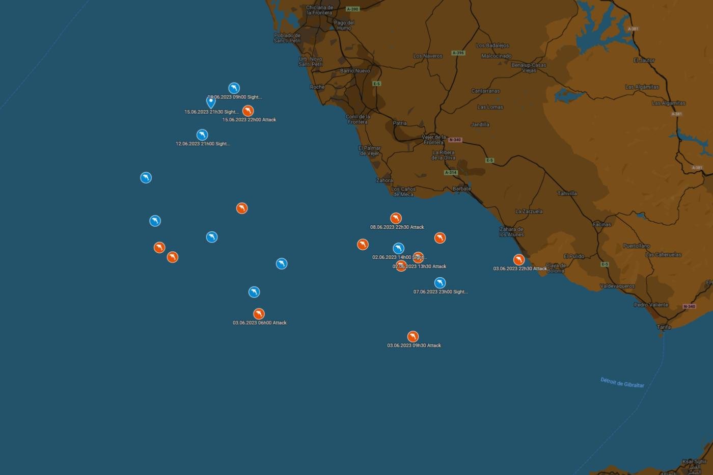 une carte des attaques d'orques sur orcas.pt