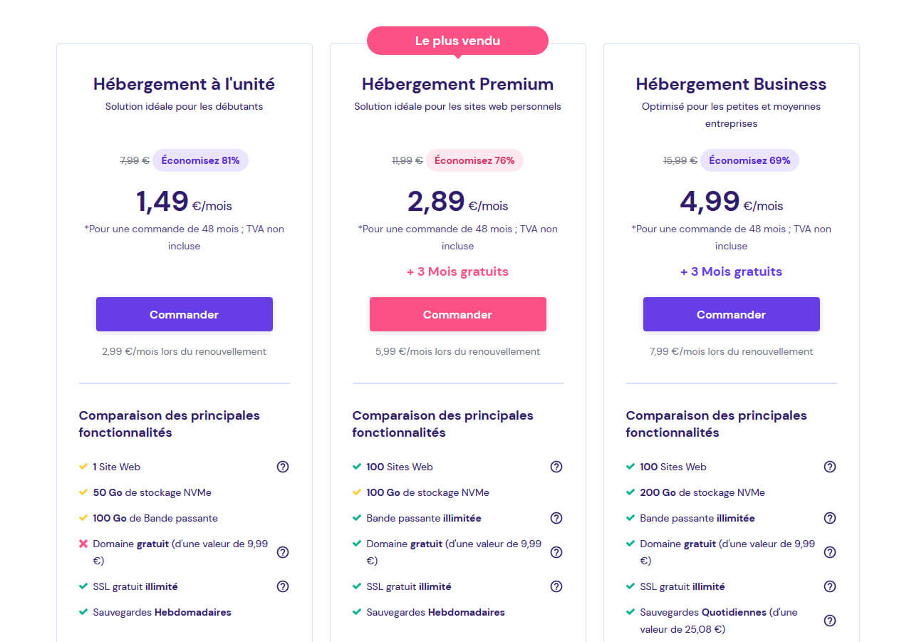 Plans hébergement mutualisé Hostinger