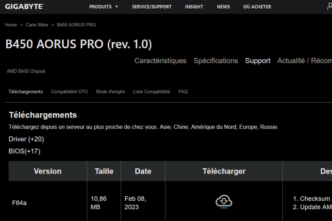 la page de téléchargement des mises à jour BIOS de gigabyte