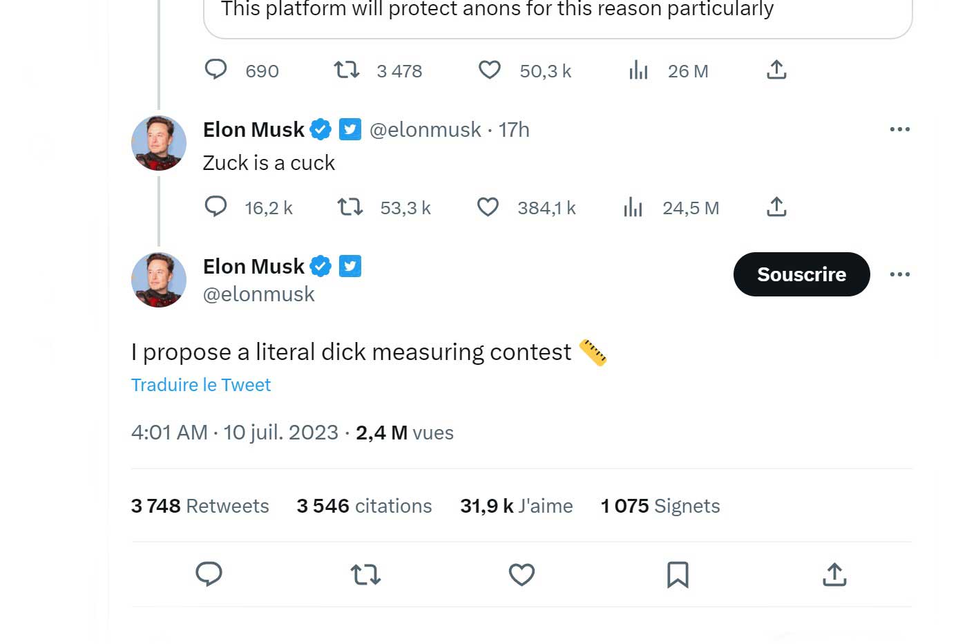 Elon Musk tweete contre Mark Zuckerberg
