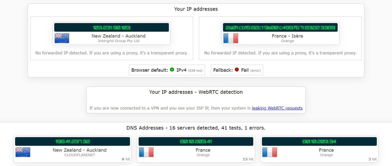 Test d'adresse IP avec Hola VPN connecté en Nouvelle Zélande