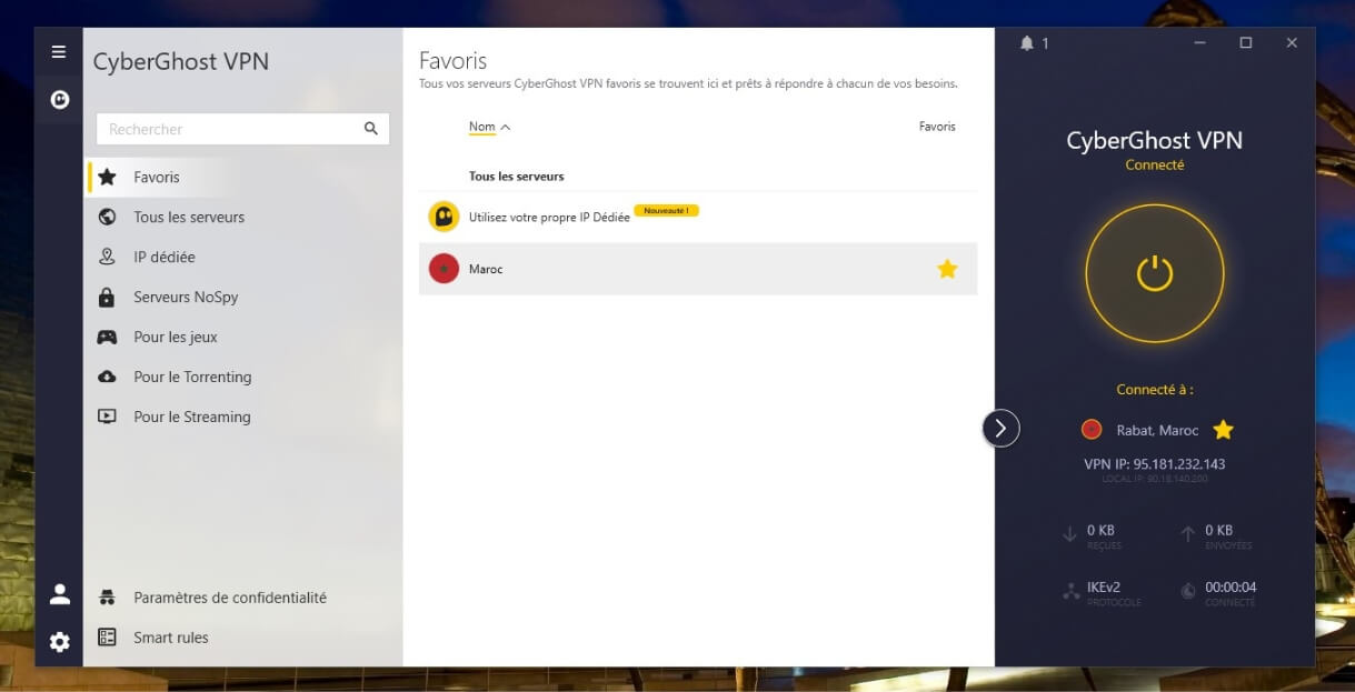 Application CyberGhost connectée au Maroc