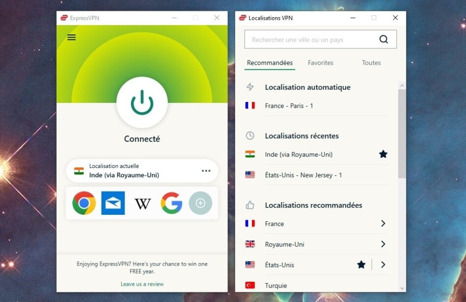 ExpressVPN connecté pour avoir une adresse IP en Inde